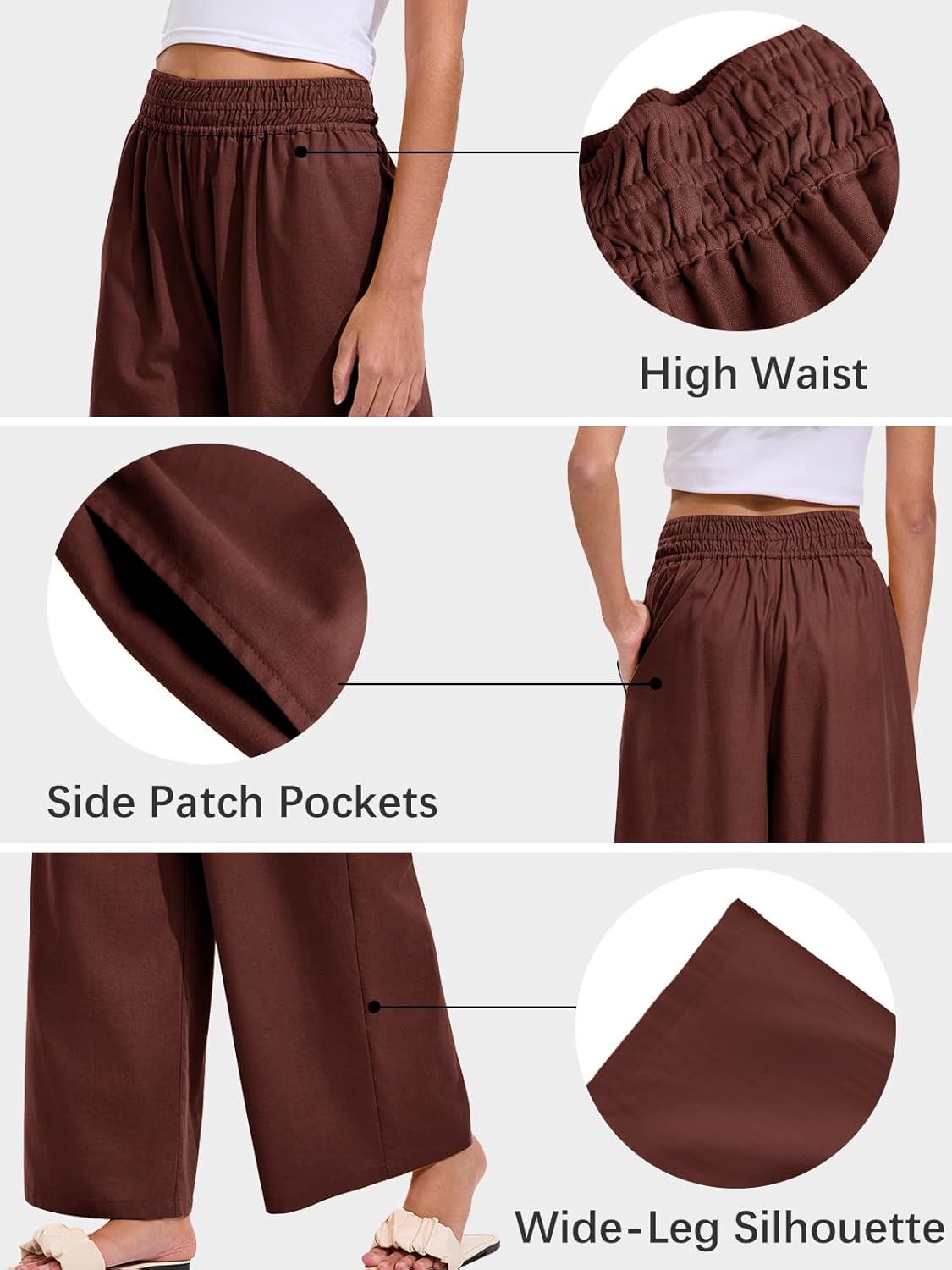 Les umes Womens Linen Wide Leg Pants High Waist Ankle Length Trousers Elastic Waist Loose Fit Casual with Pockets Summer - Image 5