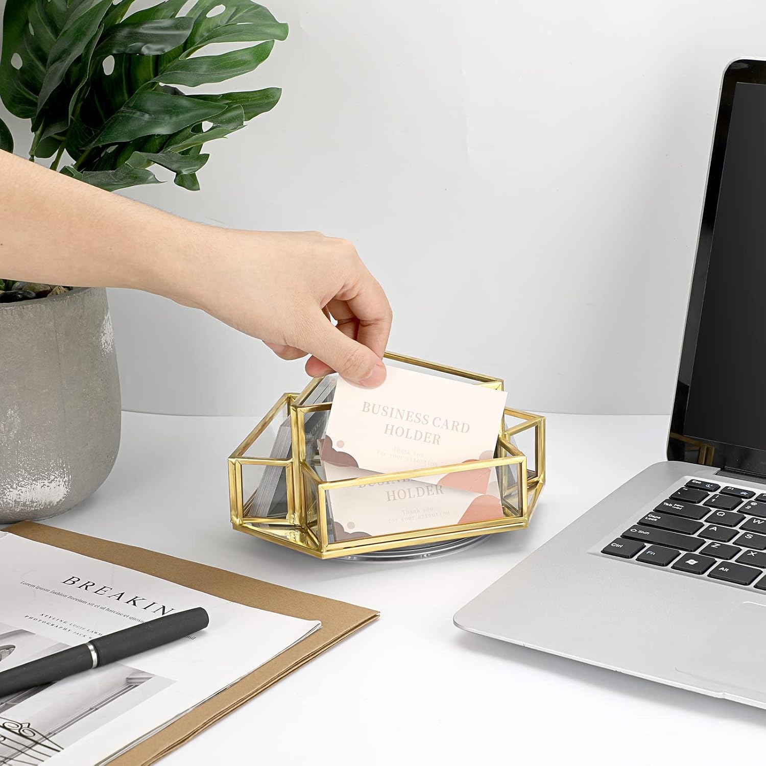 Hipiwe 360° Rotating Business Card Stand Holder 4 Slots Gold Glass Name Card Display Stand Vintage Mirrored Business Cards Organizer for Office Reception, Event, Conference Room,Desktop Use