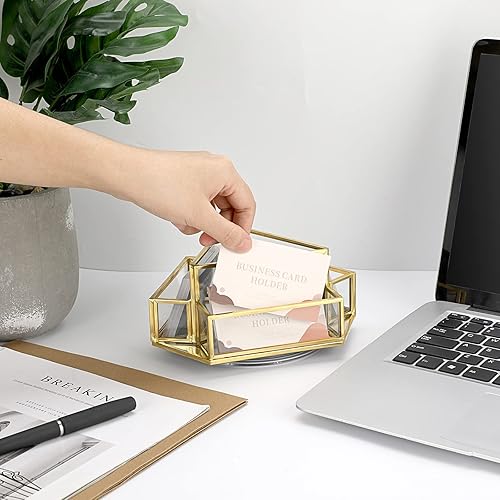 Miniatura 6 de Hipiwe Soporte giratorio para tarjetas de visita de 360, 4 ranuras de vidrio dorado, soporte de exhibición para tarjetas de presentación con espejo