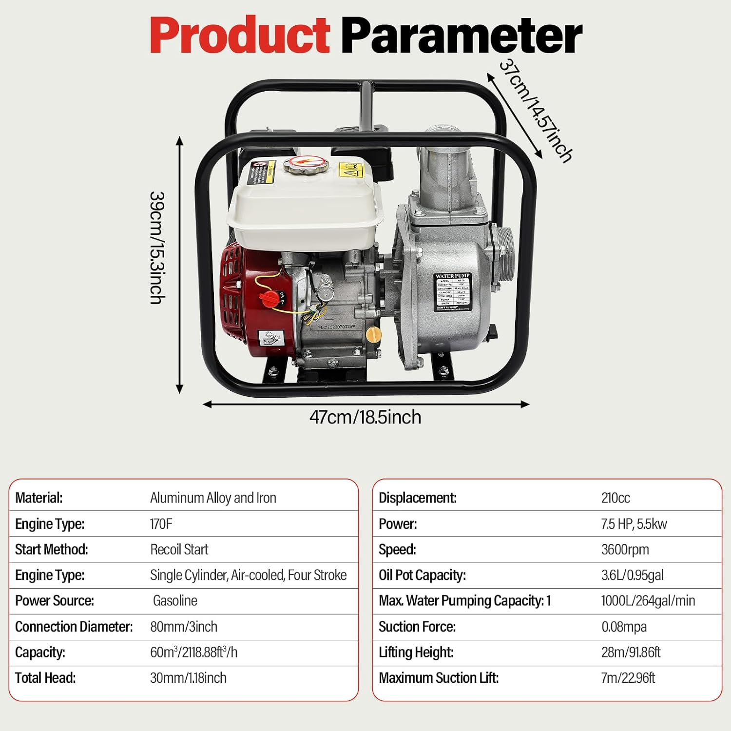 3" 7.5HP Gas Powered Water Pump, 264GPM 210cc 4-Cycle Portable Semi Trash Pump, Max 92 ft Lift, 23ft Suction, for Irrigation and Pool Water Changing
