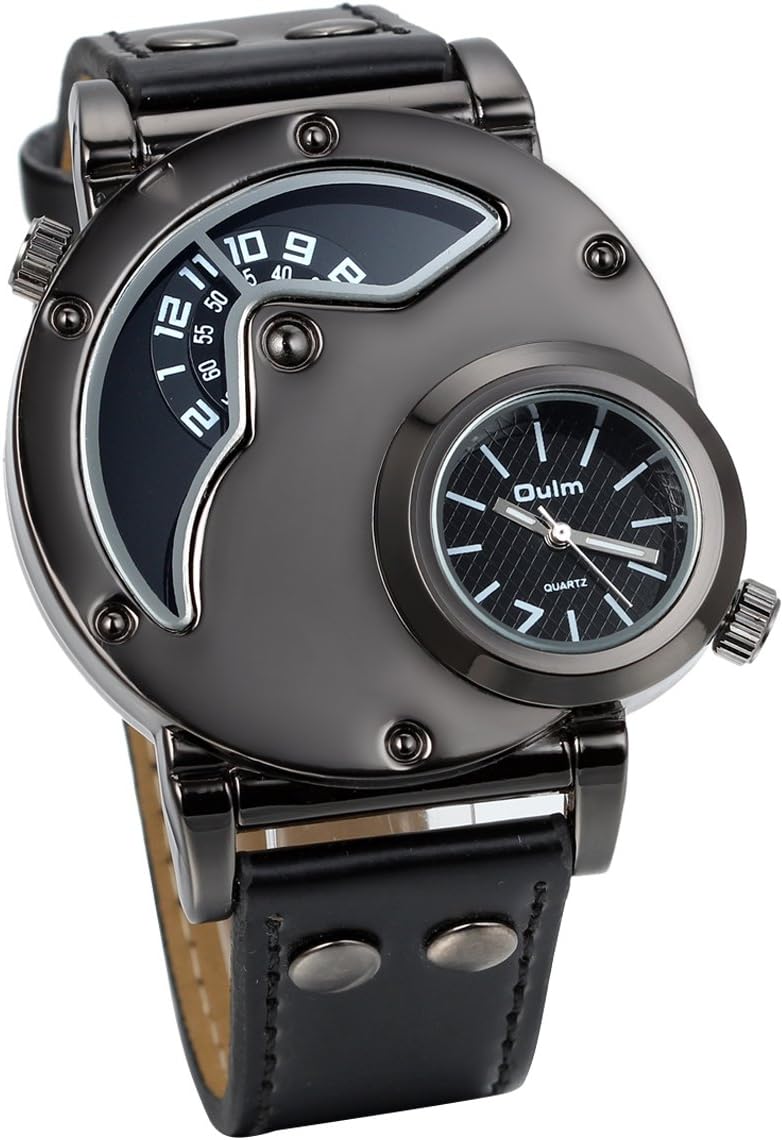 JewelryWe Mens Cool Watch Army Military Sports Quartz Watch Dual Time Black Leather Band Casual Watch