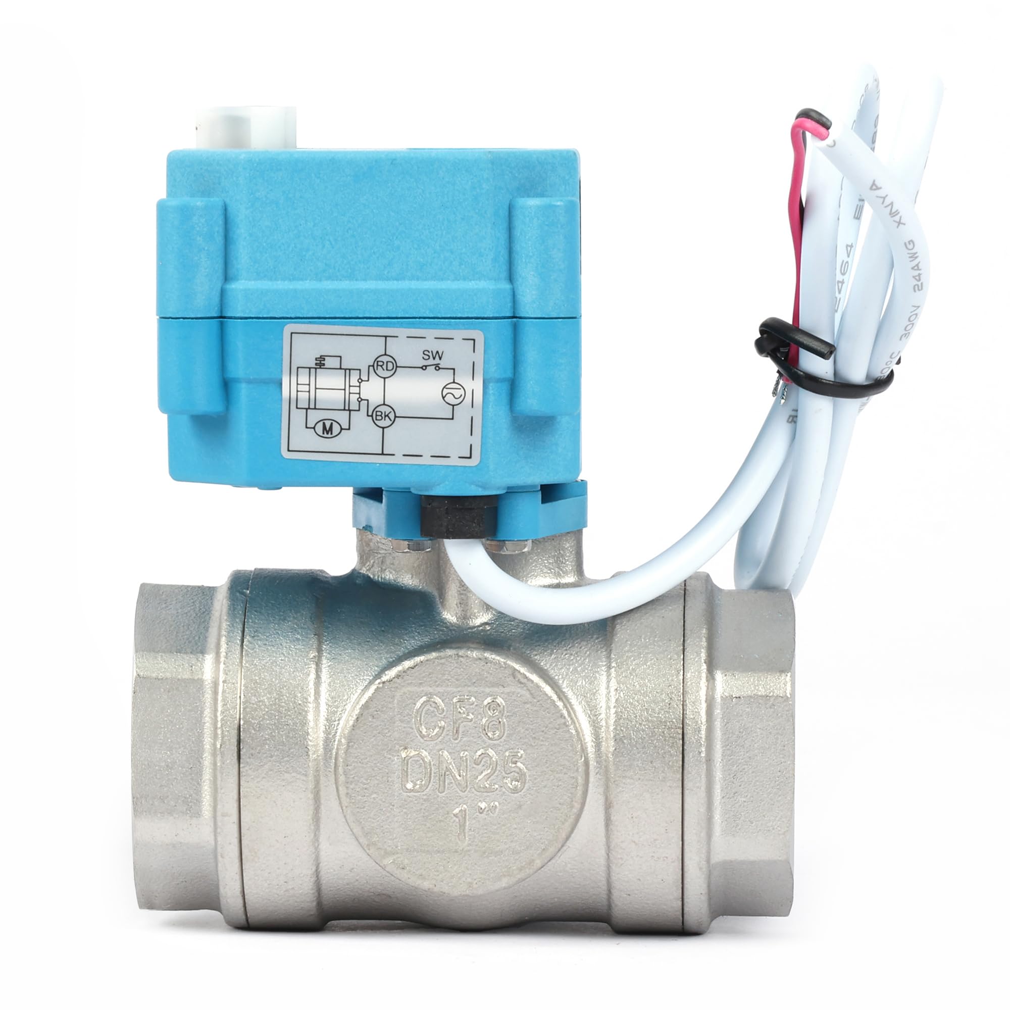 U.S. Solid Elektryczny 3-drożny zawór kulowy ze stali nierdzewnej, do dużych obciążeń, zawór odcinający wodę typu T, funkcja ręczna, standardowe przyłącze (1" 9-24V AC/DC)