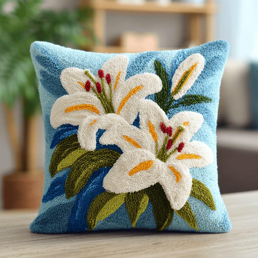 Kitquiver Latch Hook Kits for Adults Lily Rug Cover Pillowcase Beginner DIY Needlework Embroidery Kits Handmade Set Craft Sofa Home Decor 43X43Cm