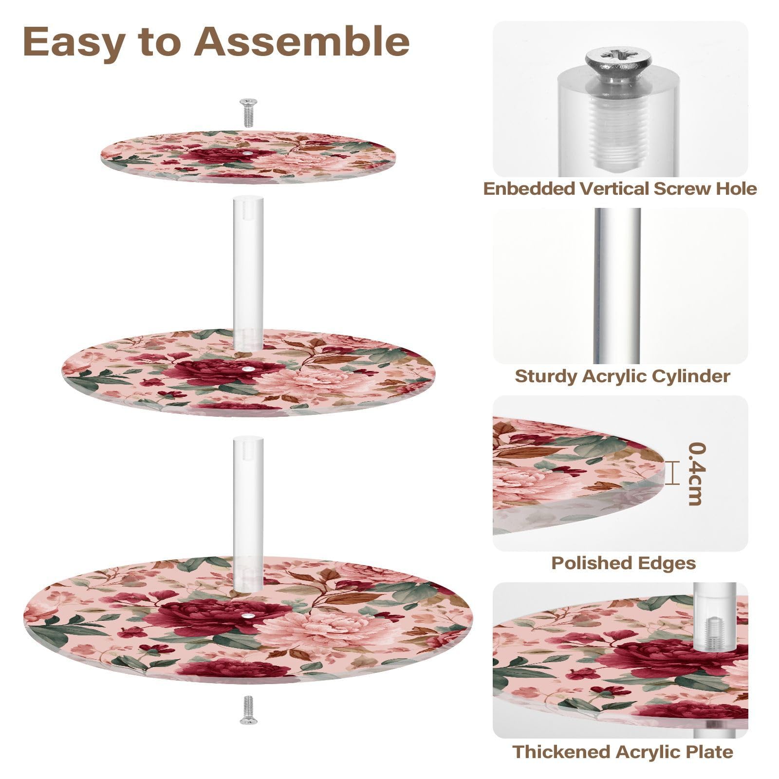 OTVEE 3 Tier Cupcake Stand Red Pink Bouquet Flowers Acrylic Tiered Serving Cake Stand Dessert Tower Tray for Tea Party Wedding and Birthday