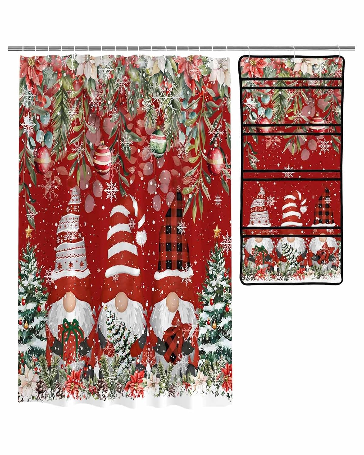 Decorative Shower Curtain Sets Christmas Gnomes Fabric Shower Curtains Winter Xmas Poinsettia Eucalyptus Leaves Balls Red Mesh Shower