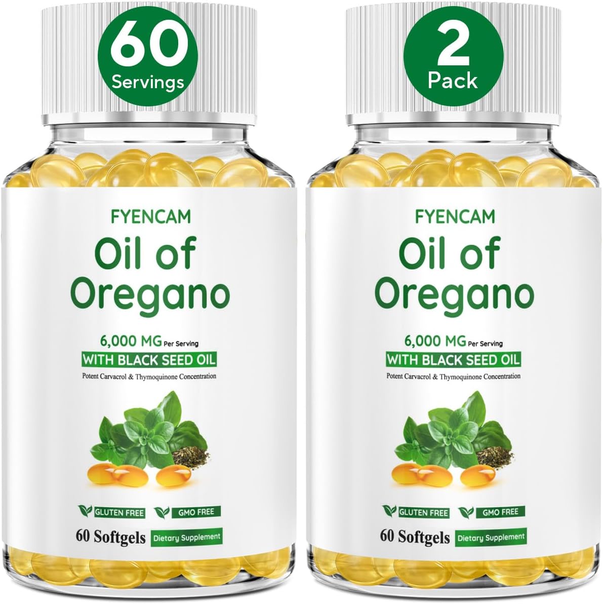 Oil of Oregano with Black Seed Oil, 6000mg Oregano Oil Capsules Organic with Carvacrol & Thymoquinone, 2 in 1 Supplement for Immune Health, Non-GMO, Easy to Swallow, 2 Bottle, Total 120 Softgels