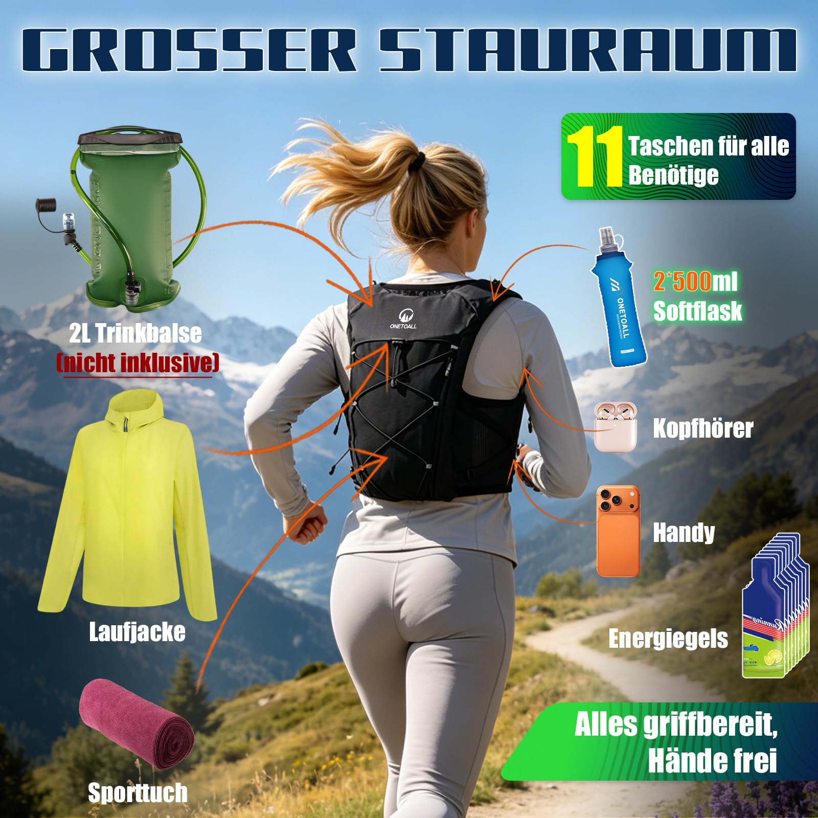 Laufweste Damen und Herren mit Zwei Trinkflaschen Verstellbarer Trinkrucksack mit Lauflicht für Nachtläufe Atmungsaktive Running Vest für Laufen Wandern Joggen Trailrunning