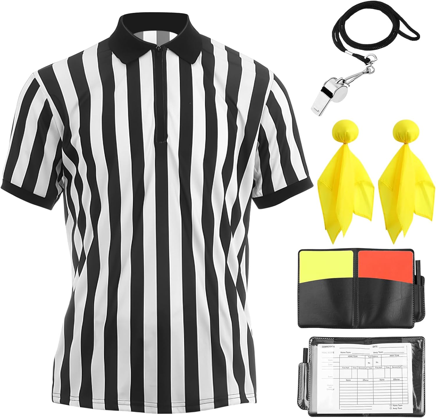 5 Pcs Halloween Referee Costume Kit, Referee Costume for Boy Kids Men, Sports Costume Shirt Uniform Umpire Whistle Yellow Penalty Flag Card for Halloween Basketball Football Soccer Accessories