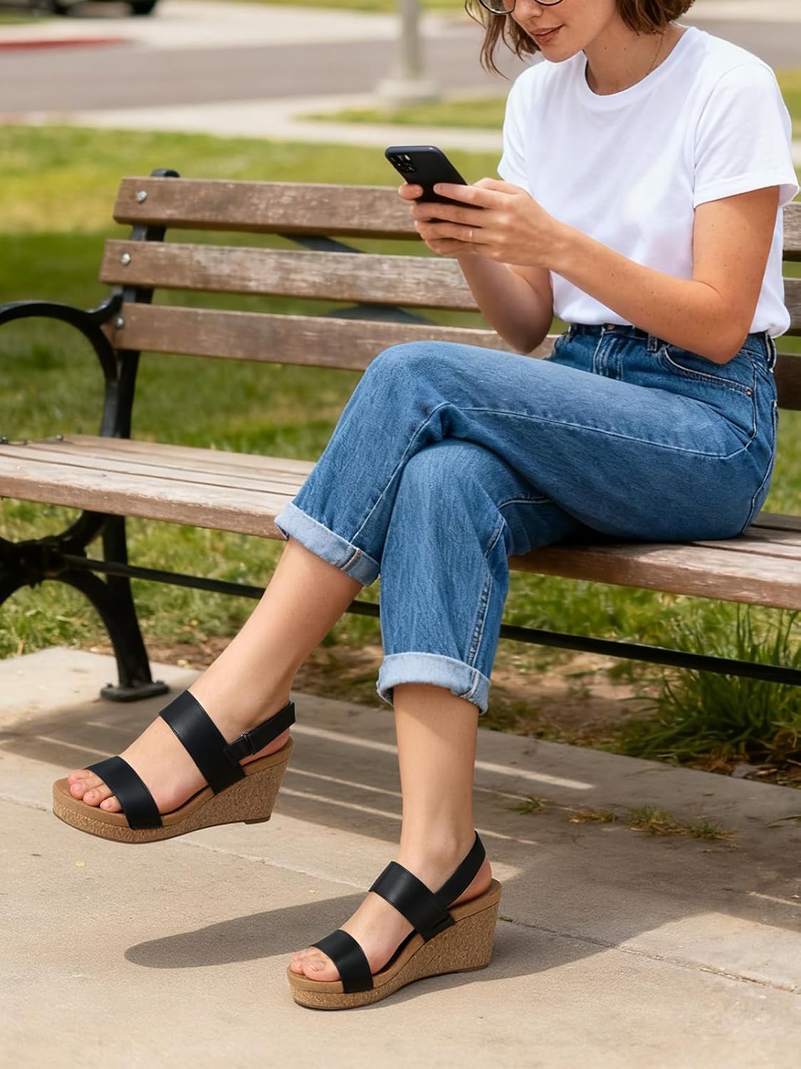 SHIBEVER Comfortable Wedge Sandals for Women: Arch Support Foam Cushioned Cork Platform Sandals Convenient Ankle Strap Casual Shoes for All Day Wear