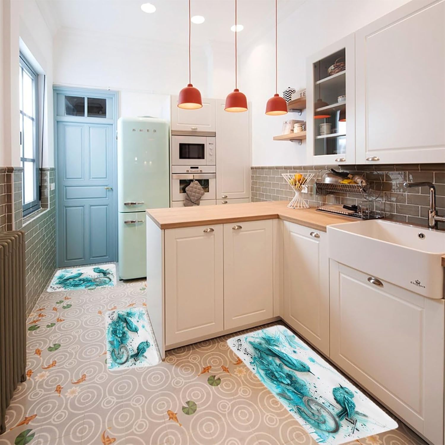 Teal Birds Musical Note Kitchen Rugs Sets of 3 Washable Non Slip Kitchen Rug Water Resistant Carpet Piece Anti Fatigue Kitchen Mats Soft Comfort Standing Mat Modern Area Rug