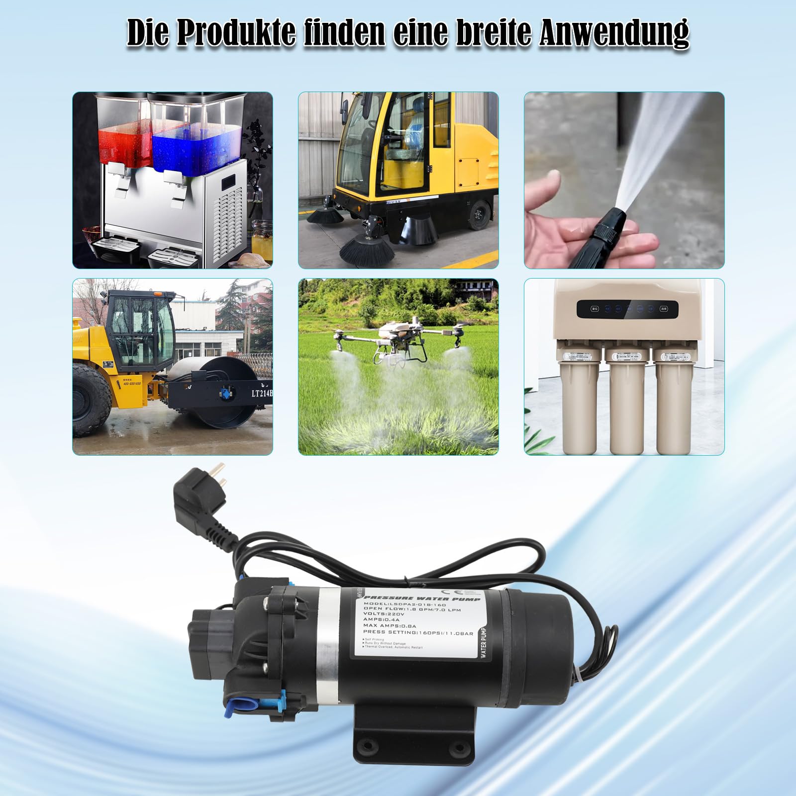Hochdruck Membran Wasserpumpe, Elektrische Membranpumpe Wasserpumpe, Hochdruckwasserpumpe, Selbstansaugende Pumpe 150W 220V, 160PSI (11 Bar) 5,1–5,5L/min, 3/8"