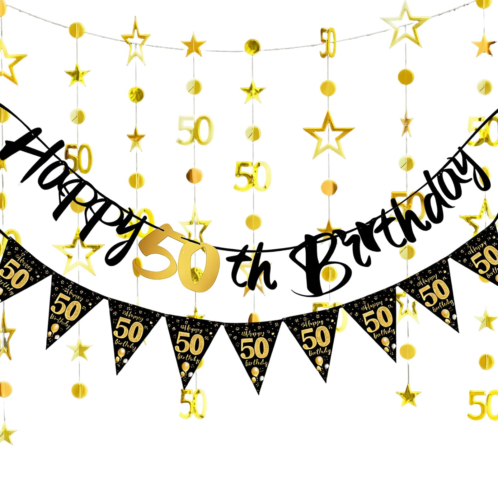 50th Birthday Decorations Black Gold Banner For Men And Women Hanging Ornaments Happy 50th Birthday Banners
