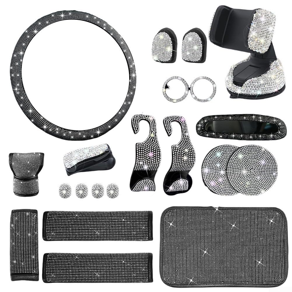 Set di 21 accessori per interni auto con copertura per volante in ultra velluto e strass, cuscinetti per cintura di sicurezza, supporto per telefono con diamanti caldi, costa completa con diamanti