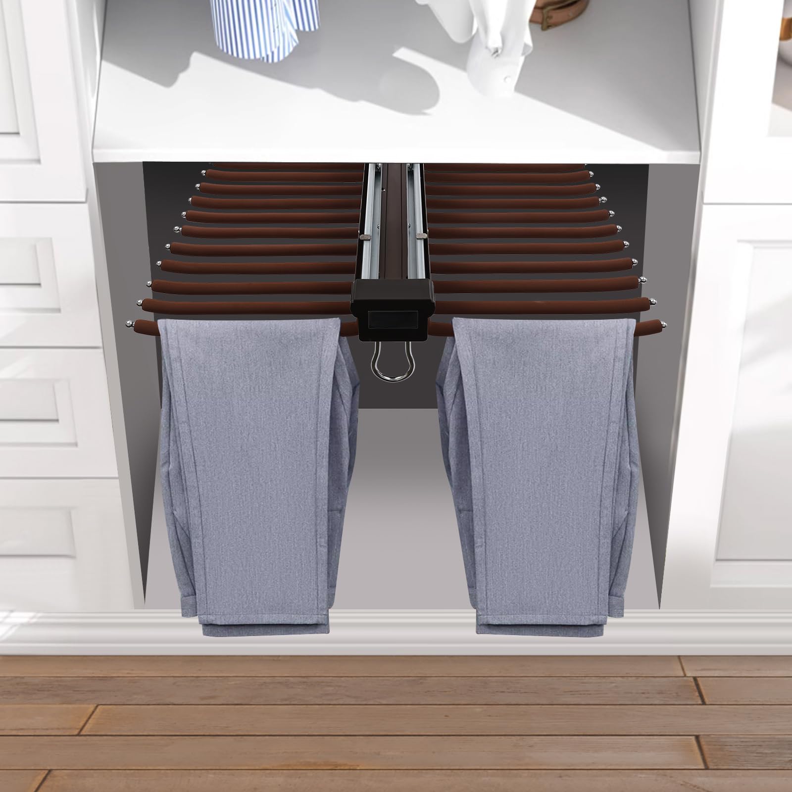 Perchero extensible para pantalones, extensible con flocado, multifuncional con 22 brazos, organizador de ropa para armario, 46 cm (color café)