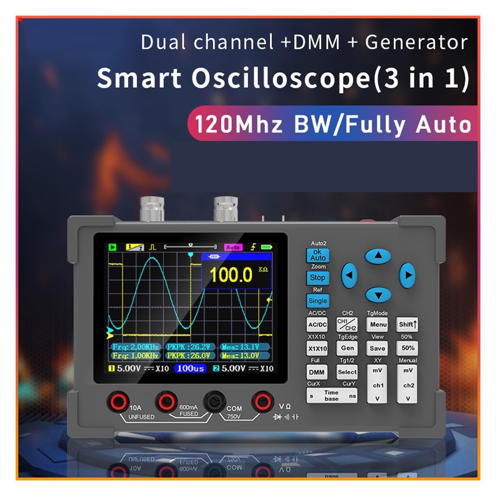 Osciloscopio, Osciloscopio Digital 3 en 1, multímetro, generador de señal, doble canal, ancho banda 120Mhz, frecuencia muestreo 250MSa/s, osciloscopio portátil