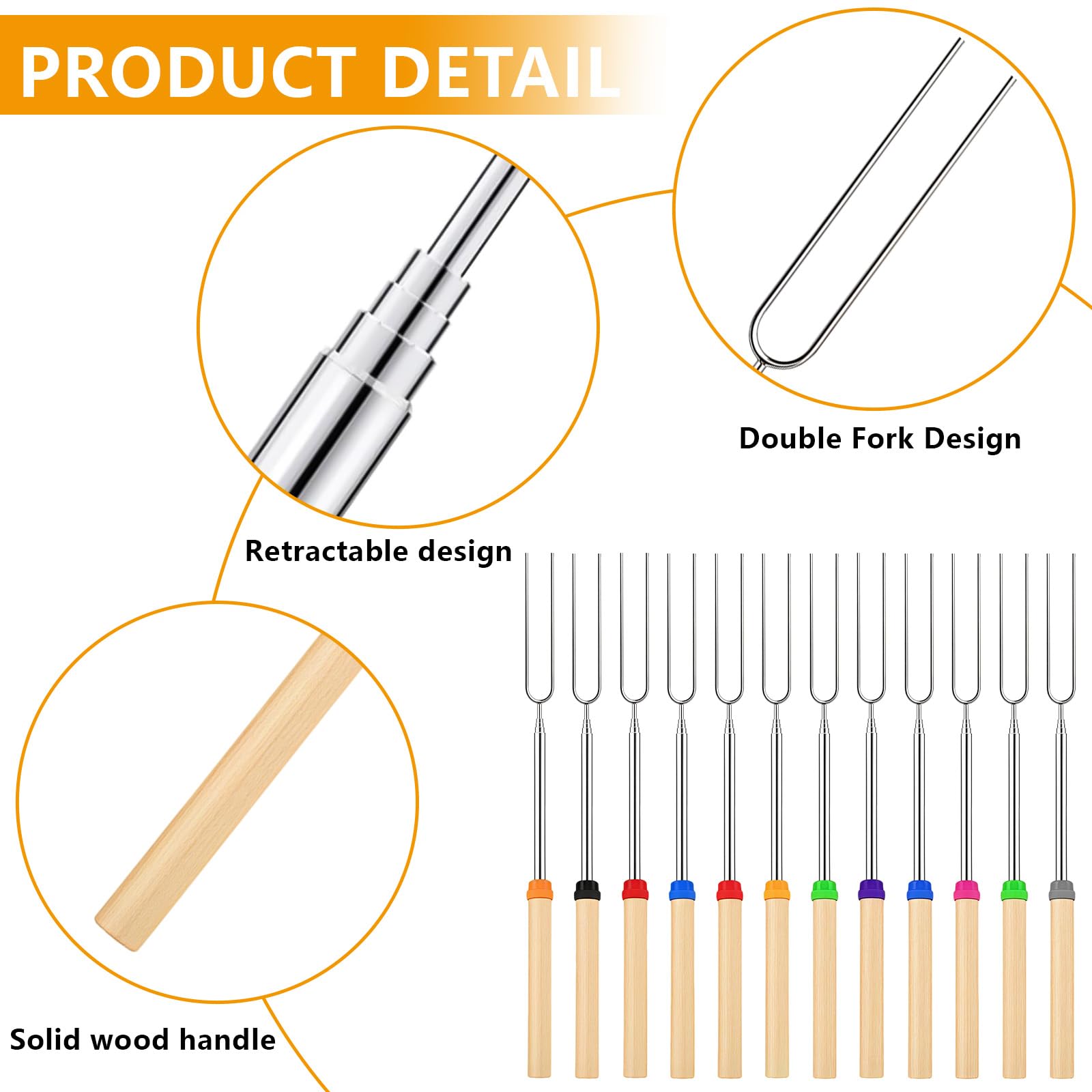 12 Pezzi Spiedini Telescopici, 31-81 cm Manico in Legno Spiedini per Marshmallow in Acciaio Inox con 1 Sacchetto di Tela Nero, Marshmallow Spiedini Barbecue per Campeggio, Falò, Picnicic