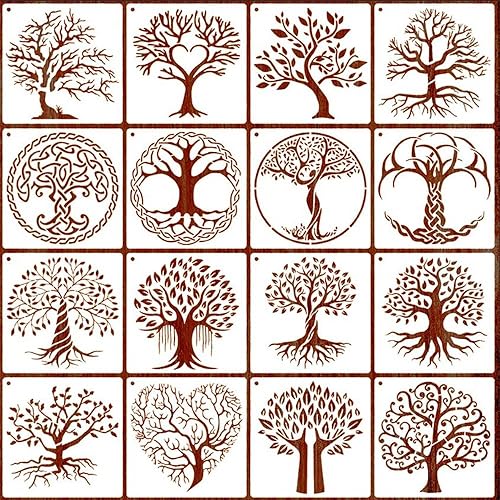 16 plantillas de árbol para pintar sobre madera, plantilla de árbol de la vida de 6 x 6 pulgadas, plantilla de dibujo de palmera pequeña para
