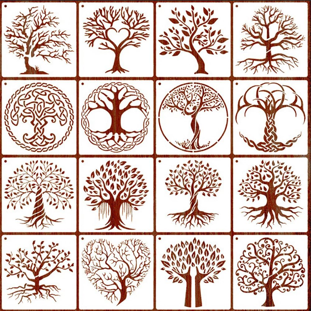 KyeeaDIY 16 Pcs Tree Stencils for Painting on Wood, 6 x 6 Inch Tree of Life Stencil Small Palm Tree Drawing Template for Canvas, Wall, Floor, DIY Art
