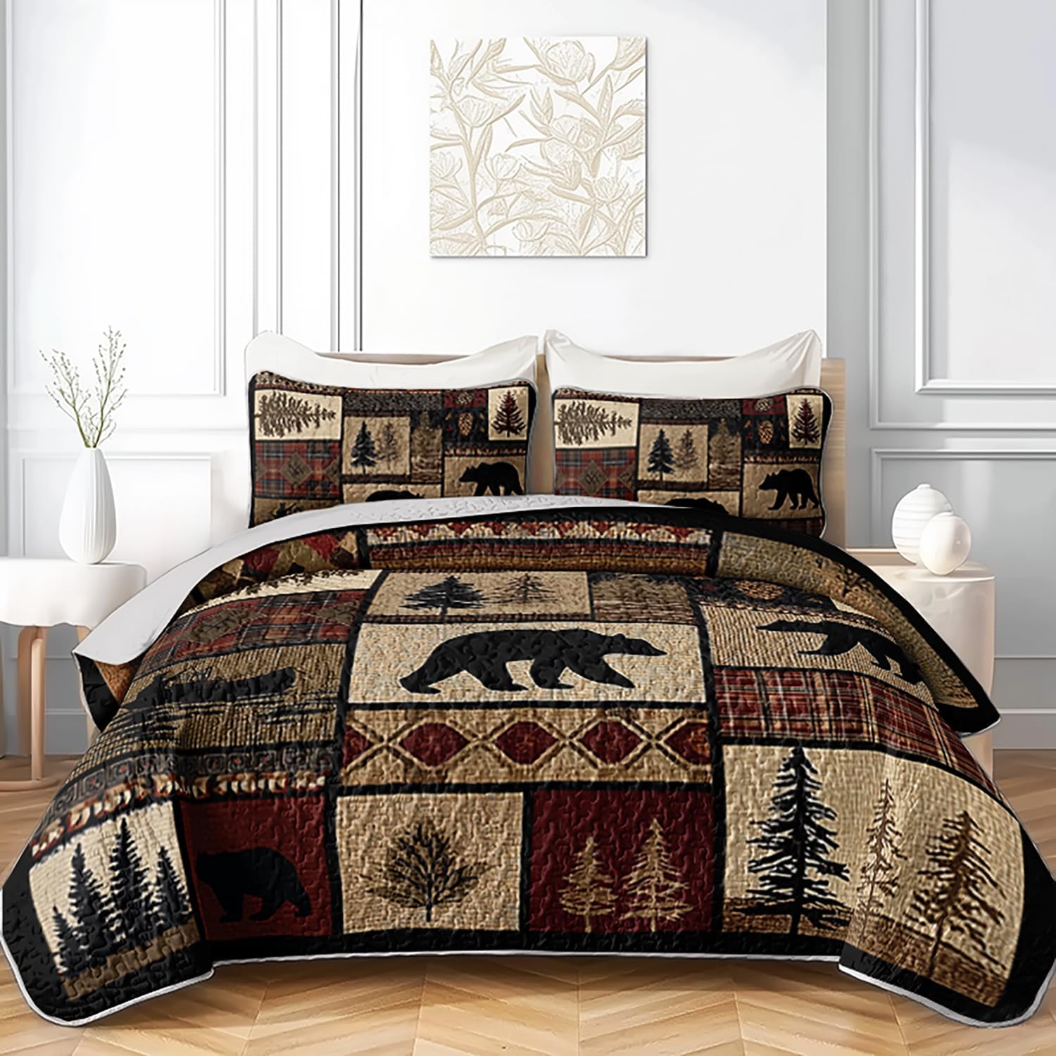 Rustic Black Bear Quilt Bedding King 3Pcs Natural Forest Wild Hunt Animal Bear Canoe Bed Set Retro Tree Grid Pattern Bedspread Coverlet with 2 Pillowcases for Kid Boy Girl Teen Adult Bed Decor