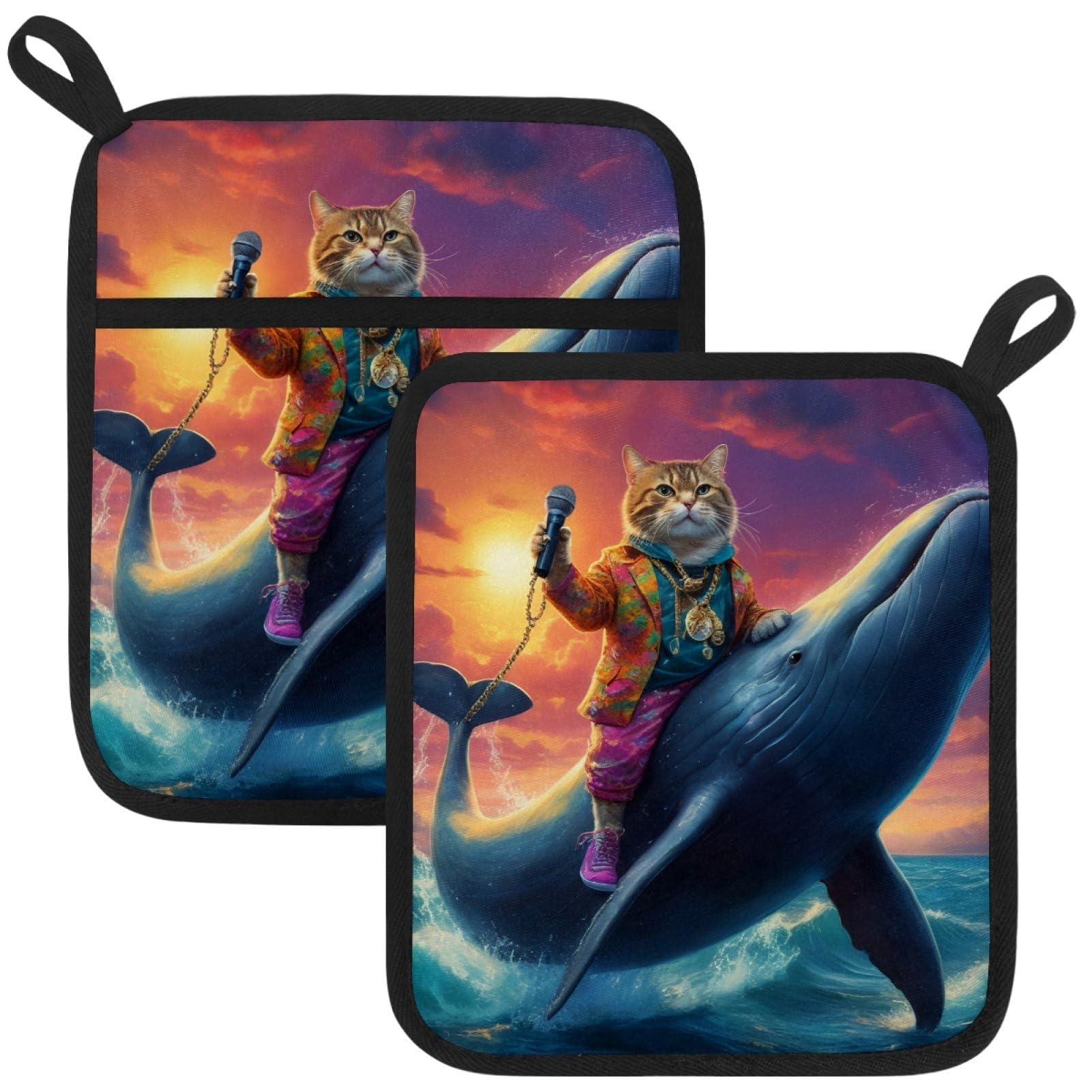 VAPOKF Cats Whale Pot Holders with Pocket for Kitchen Heat Resistant Potholders Large Polyester-Cotton Square Oven Mitts Set
