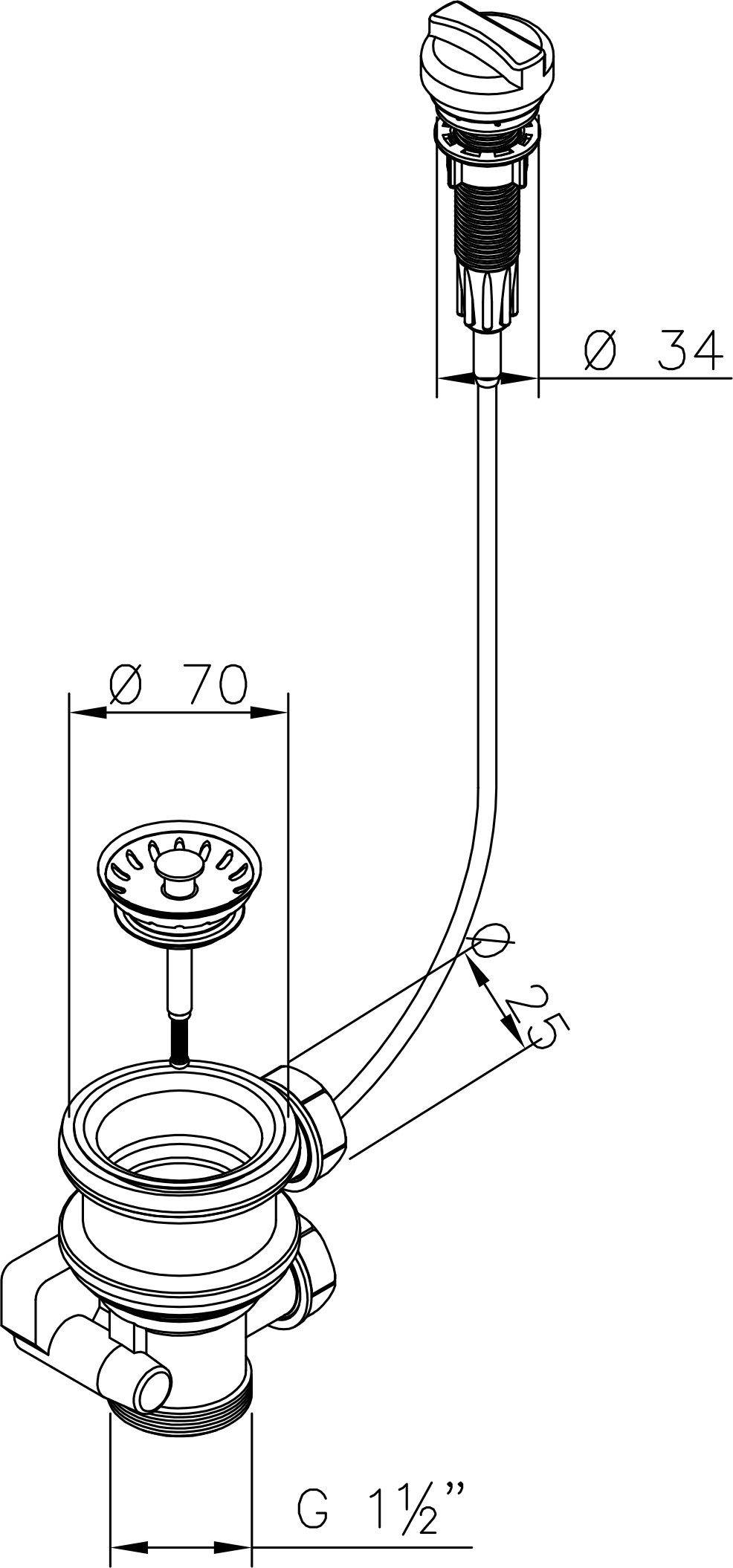 Aquade Válvula de cesta de colador, 70 mm, cesta colador, sifón para fregadero, juego de sifón para fregadero de cocina, desagüe de fregadero, modelo: cable Bowden + dos salidas laterales para