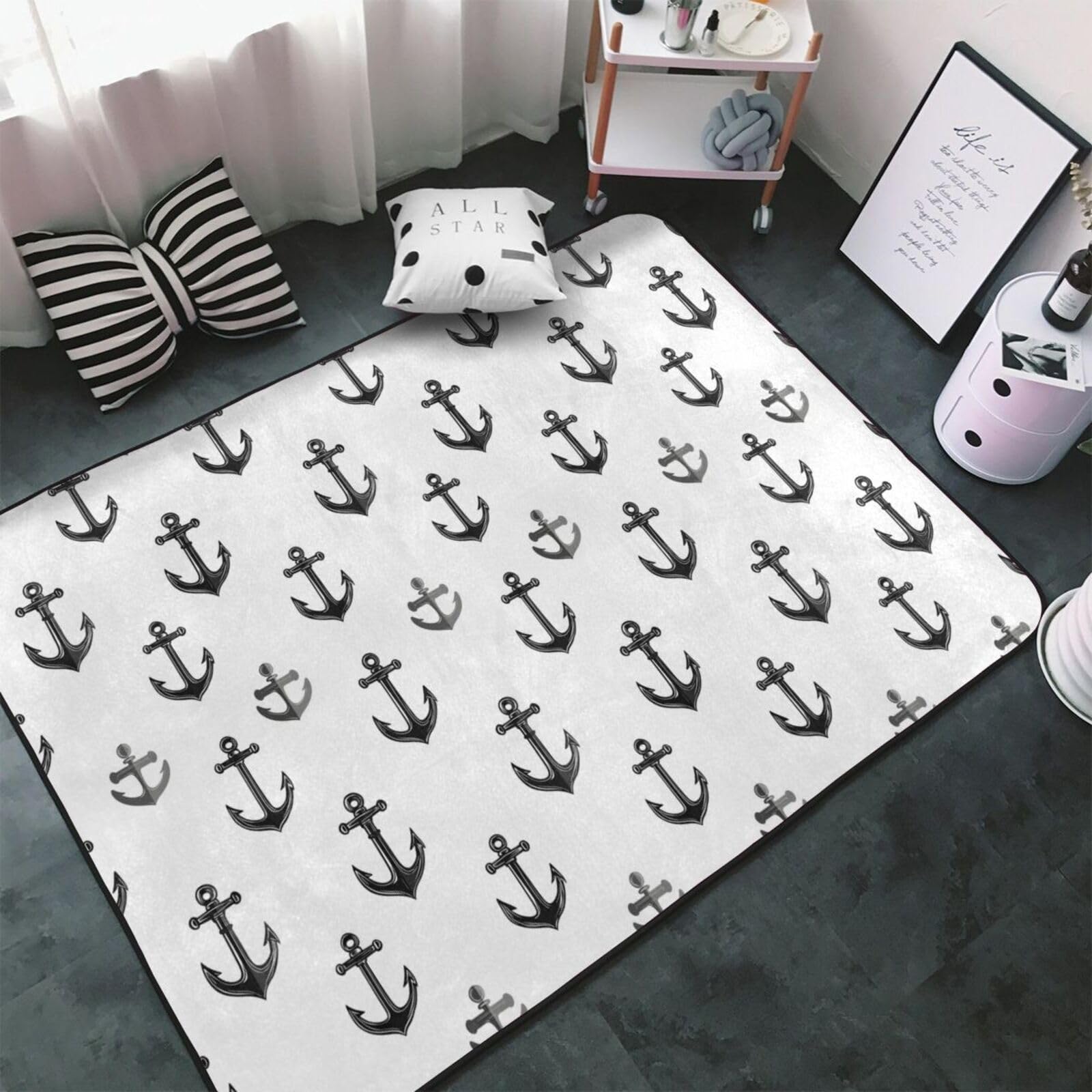 Tapis lavable et antidérapant douceur premium avec motif ancre noire
