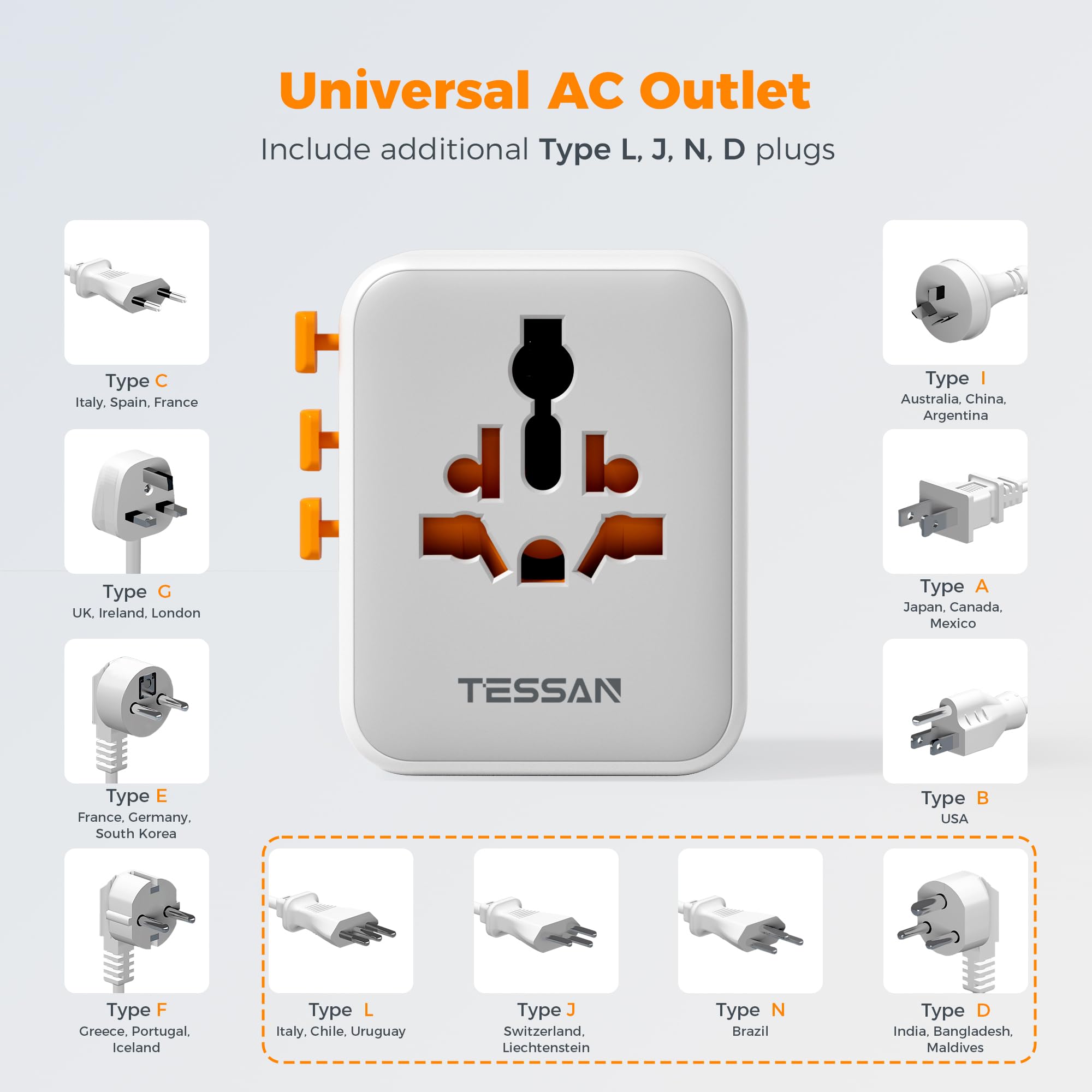 Adaptateur De Voyage Universel TESSAN - 4 Ports USB (2 USB-C + 2 USB-A) - Compatible 150+ Pays