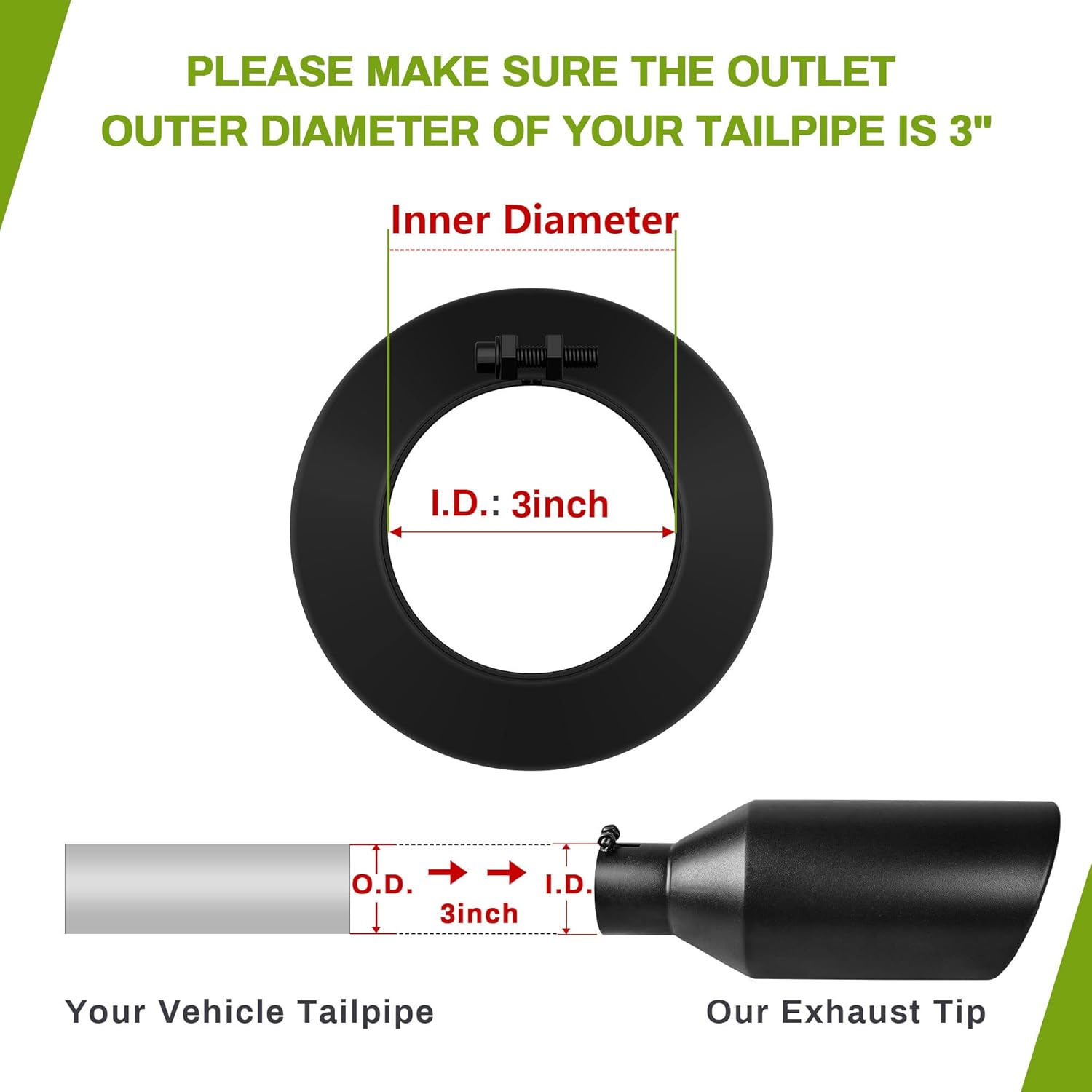 AUTOSAVER88 3 Inch Inlet Exhaust Tip, 3" Inlet 6" Outlet 15" Long Stainless Steel Exhaust Tips, Black Powder Coated Finish Tailpipe Tip Universal Fit for 3.0" OD Tailpipe, Bolt/Clamp On