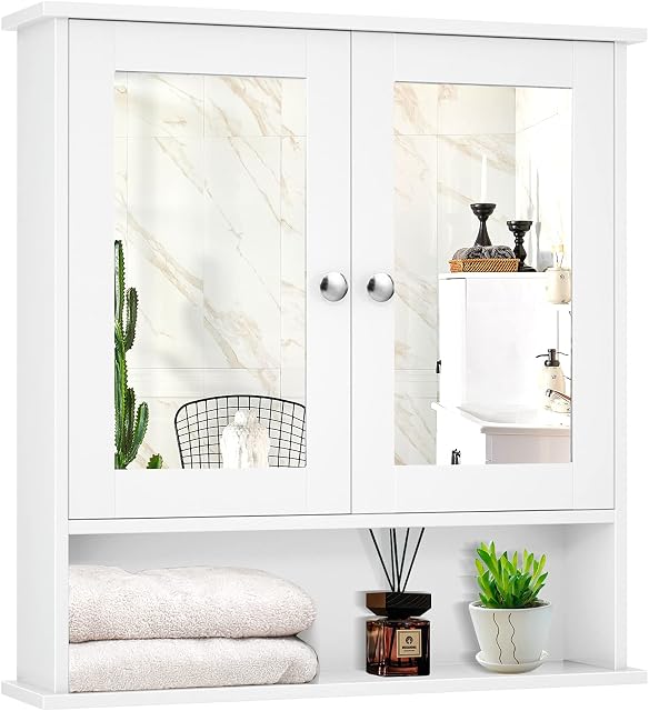 CASART Bathroom Mirror Cabinet, Wall Mounted Storage Cupboard with Double Doors and Adjustable Shelf, Wooden Display Organiser Unit for Kitchen Living Room (White)