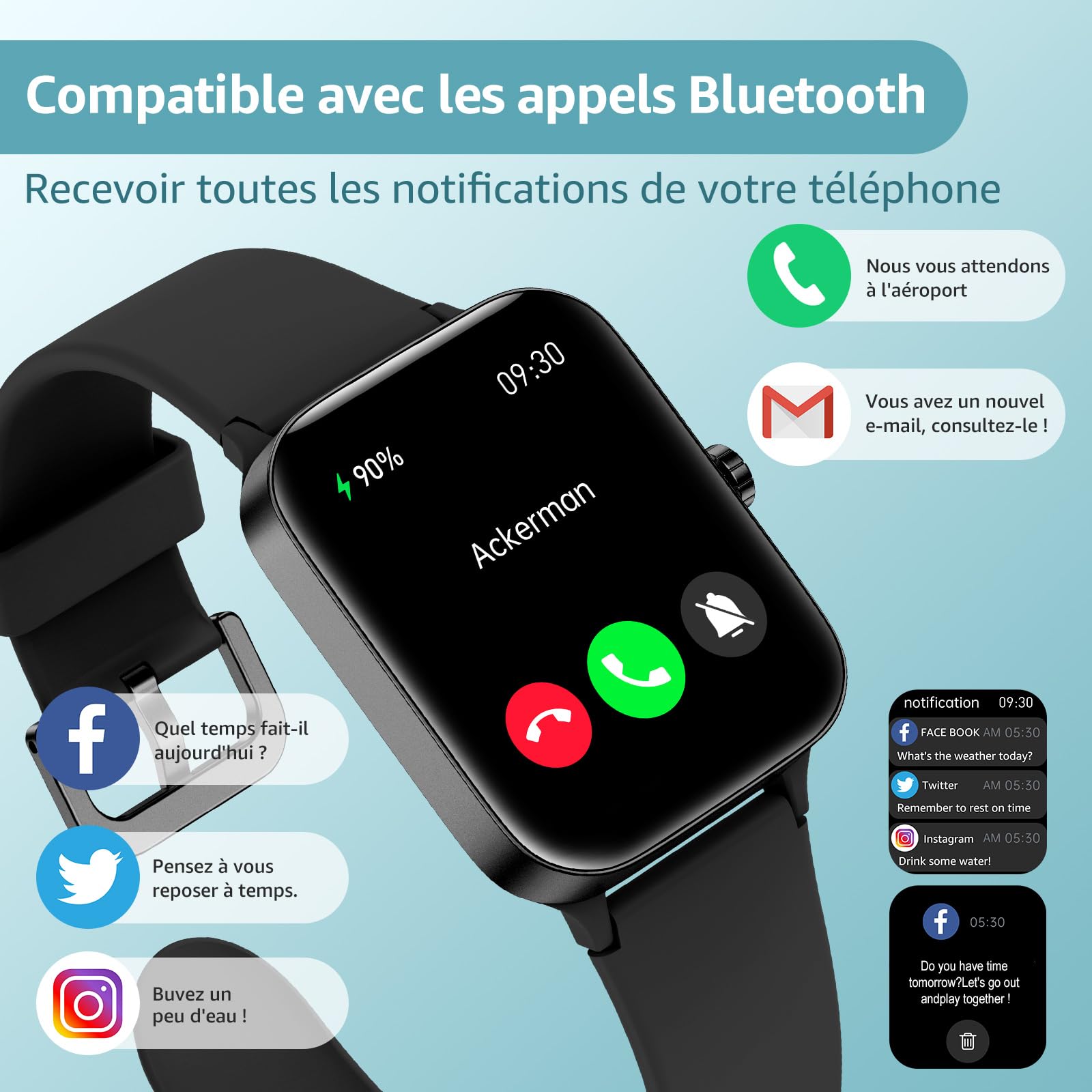 Montre connectée homme femme 1.95" écran tactile Smartwatch appels suivi fitness pression artérielle sommeil podomètre sport Android iOS