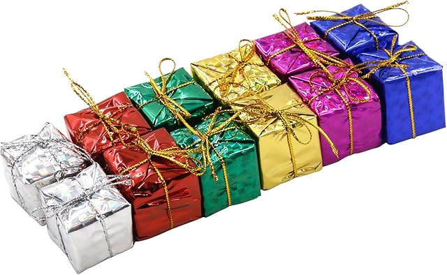 TRIXES Set of 12 Glitzy Christmas Box Hanging Tree Decorations in Assorted Colours