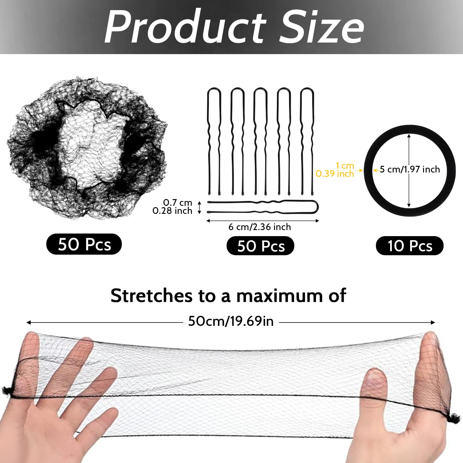 110 Pcs Hair Nets for Buns Set Incluede 50 Invisible Ballet Hair Nets Black with 50 U Shape Bobby Pins and 10 Hairbands for Ballet Dancers for Adults Children - Image 2