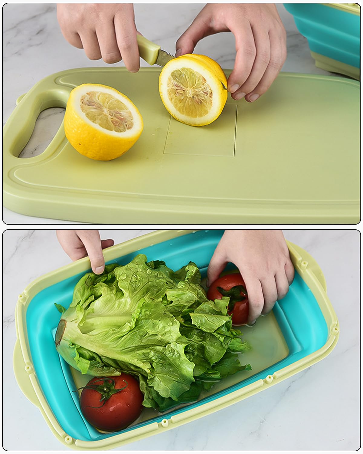 Planche à Découper Pliable 3 En 1 Panier De Coupe Avec Bouchon De Vidange Et Ciseaux Multifonctions Panier De Drainage Pour Cuisines Voyages Camping Vert