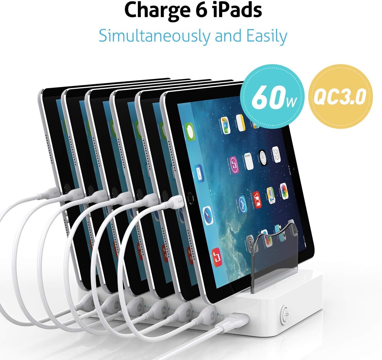 Hottest Sale SooPii Quick Charge 3.0 60W/12A 6-Port USB Charging Station for Multiple Devices, 8 Short Charging Cables Included, I Watch Charger Holder,for Phones, Tablets, and Other Electronics,White