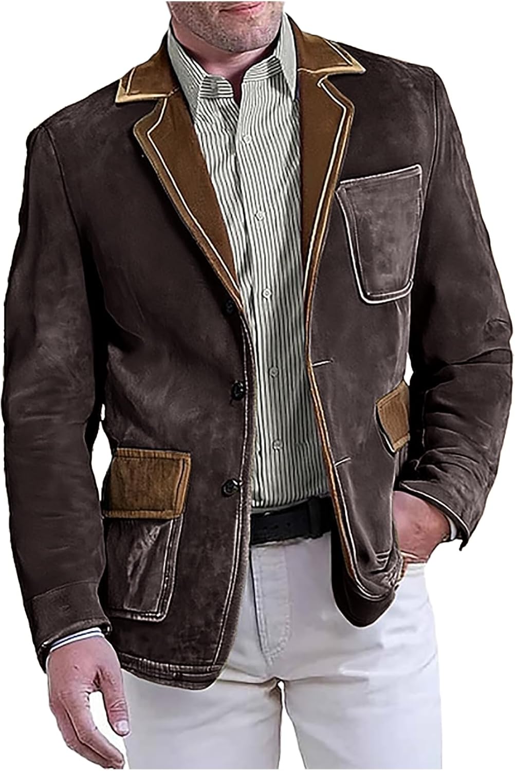 Men’s Suede Blazer Jacket with Brown Collar Vintage Patchwork Contrast Sport Coat for Business Casual Gray Small