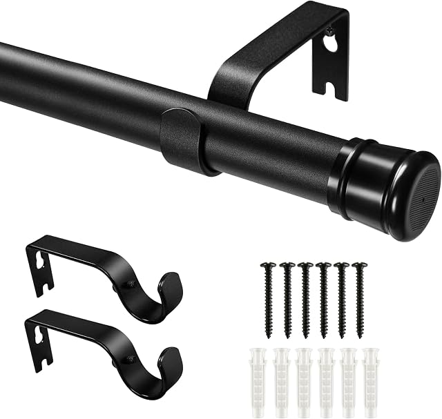 Zindoo Small Curtain Pole with Round Finials, 47-80cm (18.5-31.5Inch), Black Curtain Rail with Brackets Fittings Set Window Poles for Living Room Bedroom