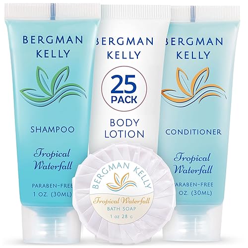 BERGMAN KELLY Paquete de artículos de tocador para hotel (cascada tropical, 1 oz cada uno, 100 piezas) Juego de 4 piezas 25 jabón en barra redonda,
