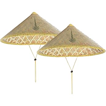36 cm Chinese Bamboo Hat - Pack of 2 Rice Hat Adults Oriental Straw Hat Woven Cone Hat with Chin Strap Wide Brim Asian Farm Hat Vietnamese Kuli Hat for Field Work Fishing