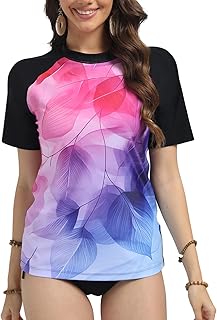 Camiseta de natación para Mujer, Manga Corta, Secado rápido, protección Solar, Camiseta de Surf, Camiseta de Playa (Hojas de Colores, S)