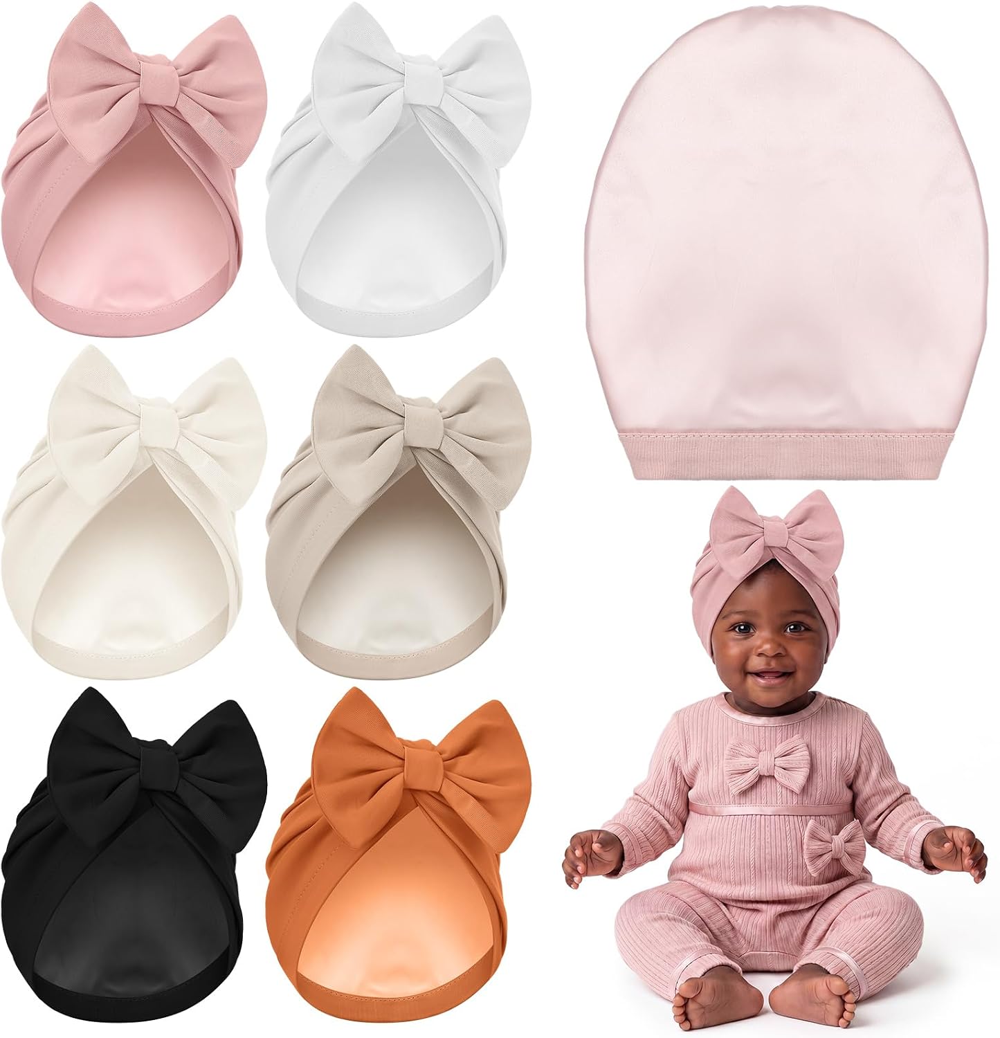 6 Pcs Baby Satin Bonnet for 6-12 Months Infant Silky Satin Lined Stretchy Baby Turban Hats with Bow for Girls Boys