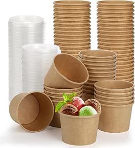 Lyellfe 100 Pack Disposable Paper Bowls with Lids, 8 Oz Heavy Duty Kraft Paper Bowl, To Go Soup Container Dessert Cups for Ice Cream, Yogurt, Cold and Hot