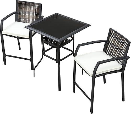 Miniatura 3 de LOKATSE HOME Juego de 3 sillas de mimbre para exteriores con cojín y mesa de centro de cristal, color beige