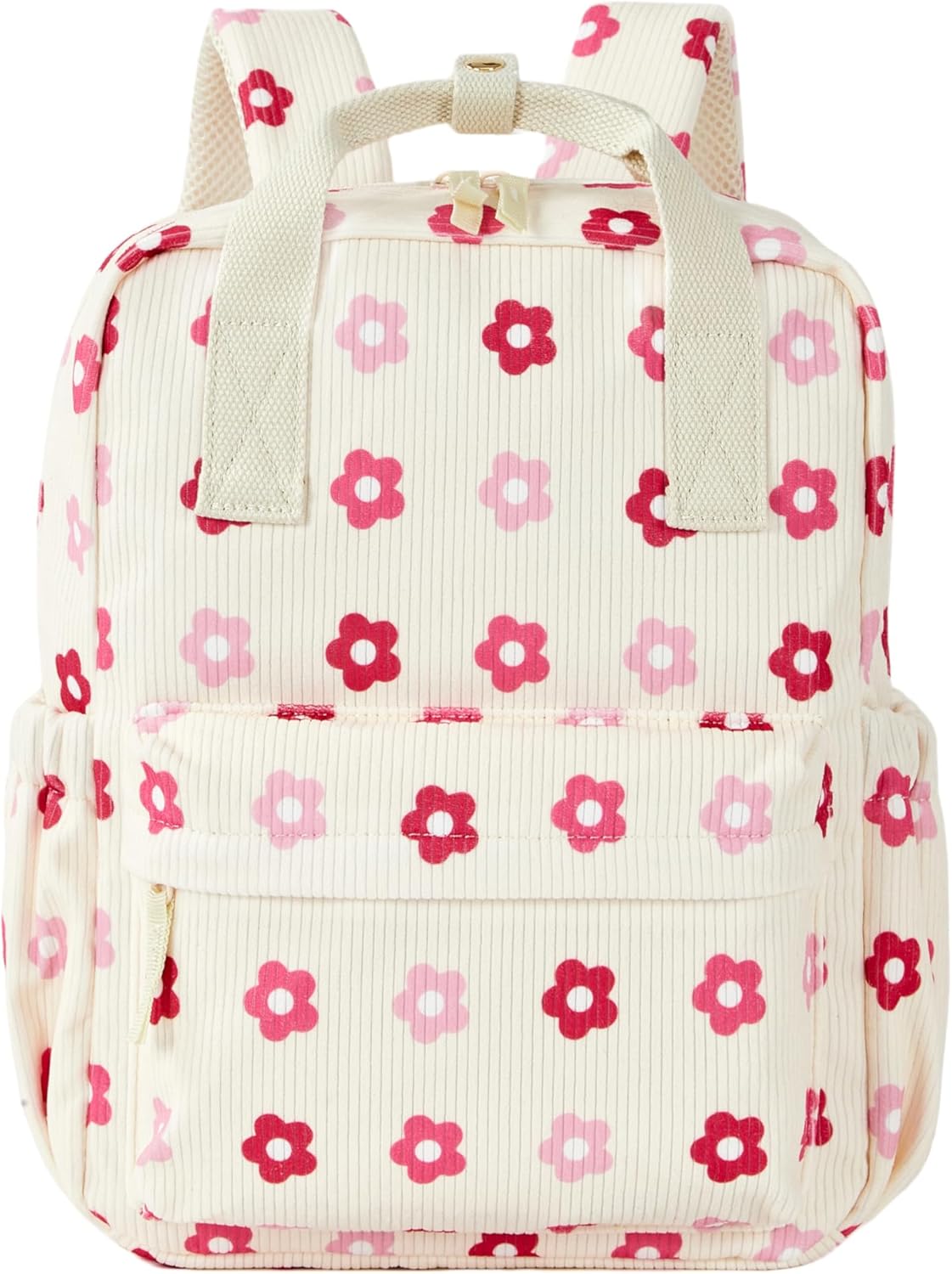 Mini Corduroy Backpack Bookbag School Bag for Toddlers Girls and Boys Preschool Daycare Kindergarten 13'' H Lightweight Fits for Folder(Floral-Beige Corduroy)