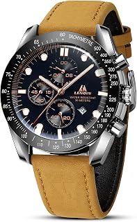 LENQIN Men's Leather Analog Quartz Watch - Luminous Dial, Date Window, 30M Waterproof, Luxury Business Casual Style