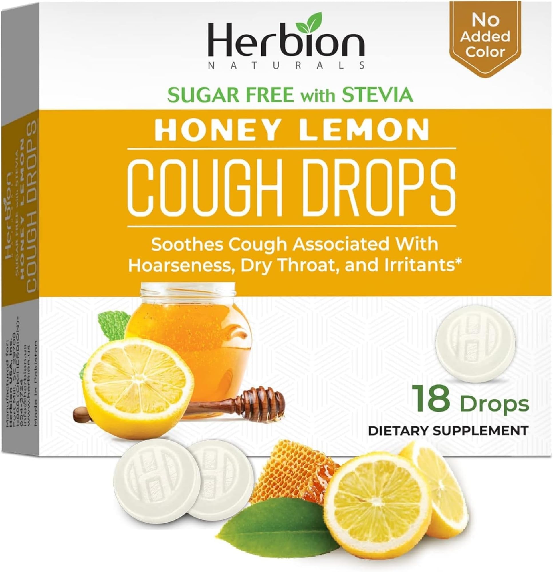 Sugar-Free Cough Drops with Natural Honey Lemon Flavor, 18 Drops, Oral Anesthetic - Relieves Cough, Throat, and Bronchial Irritation, Soothes Sore Mouth, for Adults and Children 2yo+