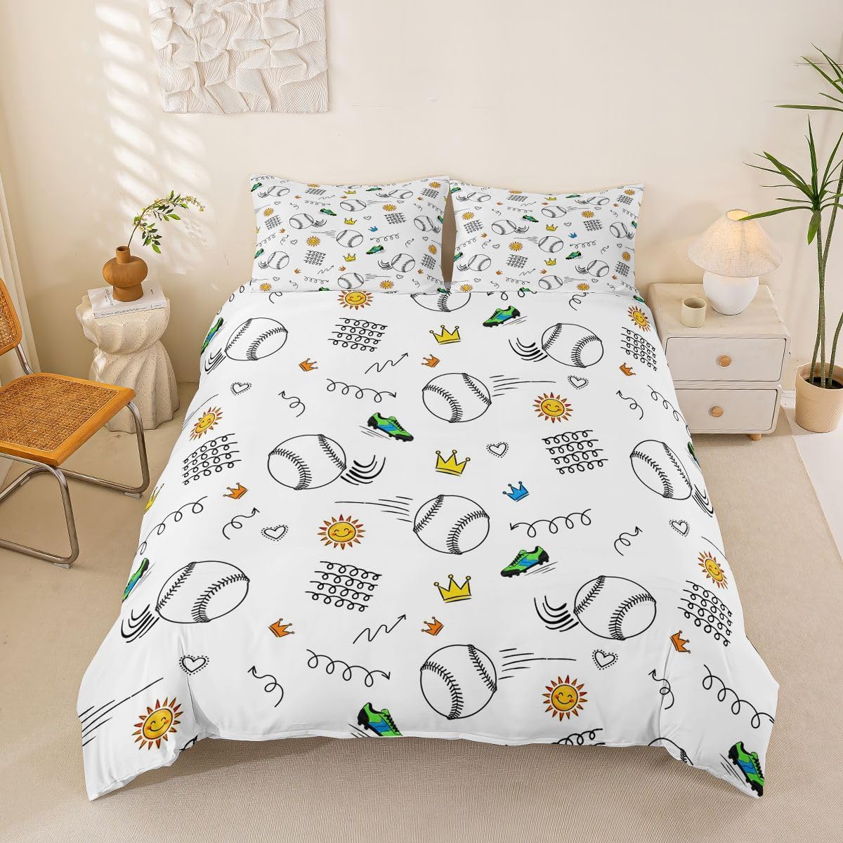 Feelyou Baseball Duvet Cover King Size Sports Bedding Set for Boys Girls Baseball Gaming Comforter Cover Ball Print Bedroom Decor 3Pcs No Comforter Zipper Closure with 2 Pillowcases