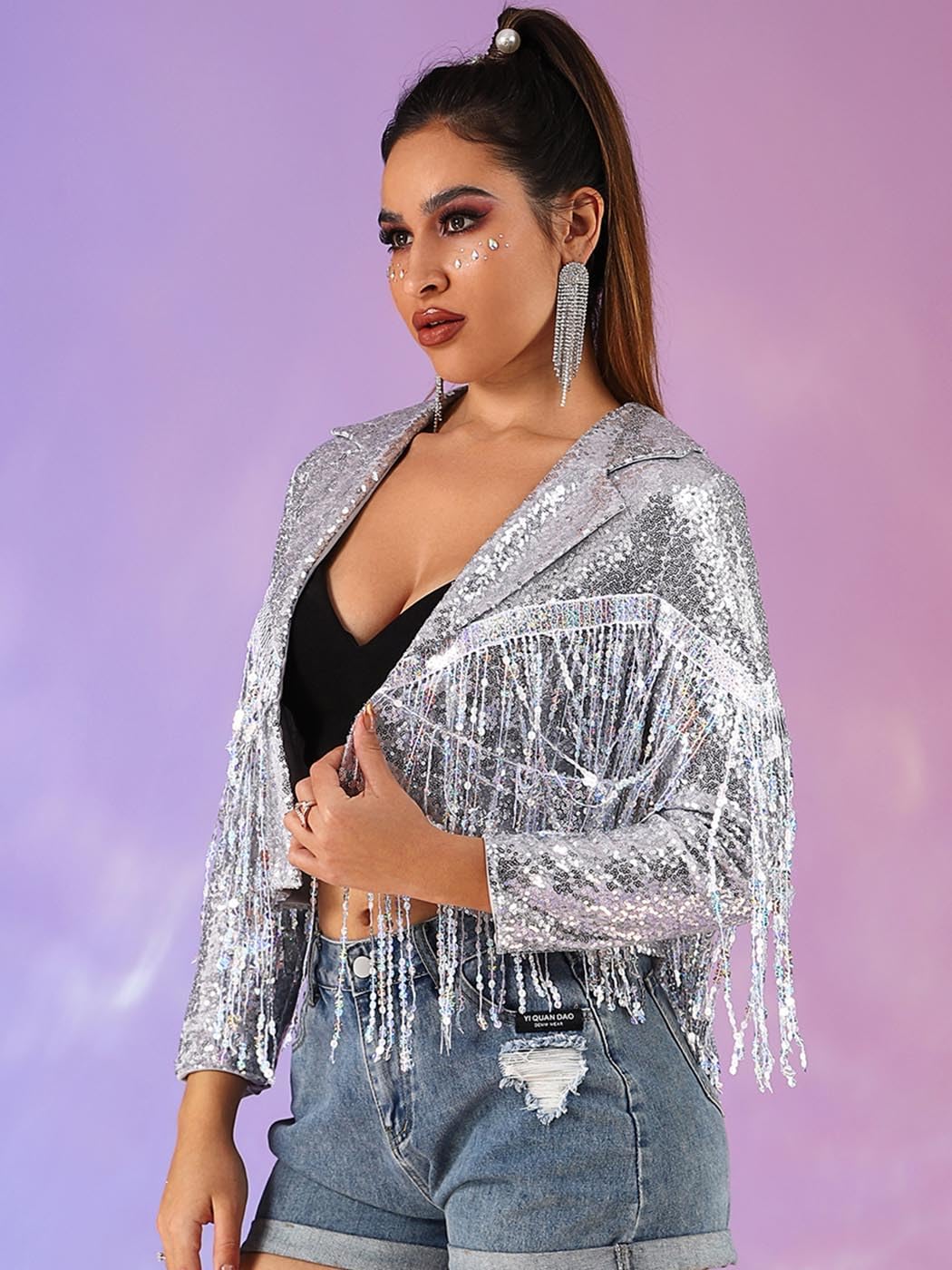 JAKAWIN Women’s Fringe Sequin Jacket Coat Long Sleeve Disco Theme Concert Rave Tassel Bomber Jackets