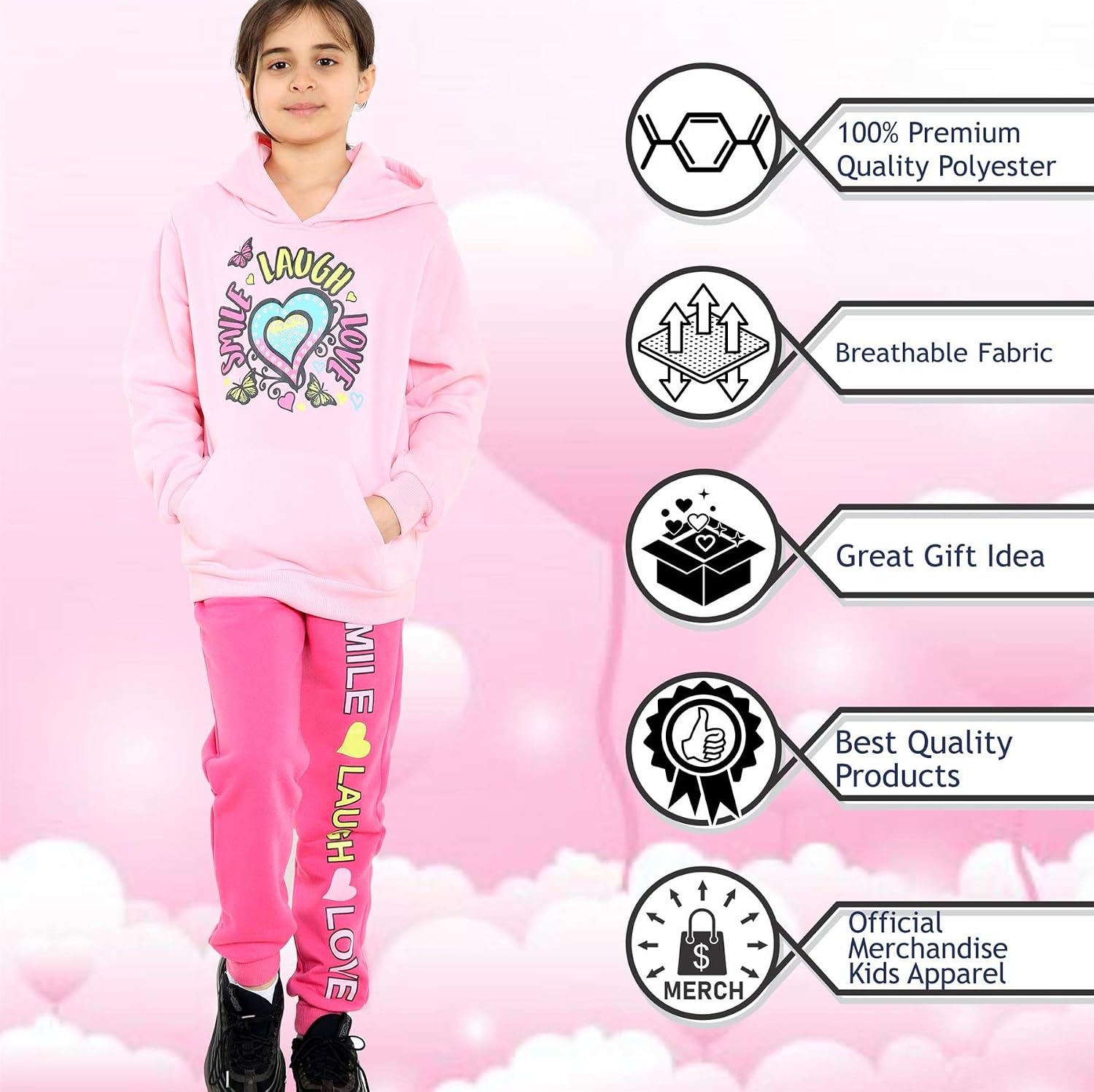 A2Z 4 Kids Girls Tracksuit Smile Laugh Love Print Hooded Pullover Hoodie Bottom Jogging Suit Joggers Age 5-13 Years