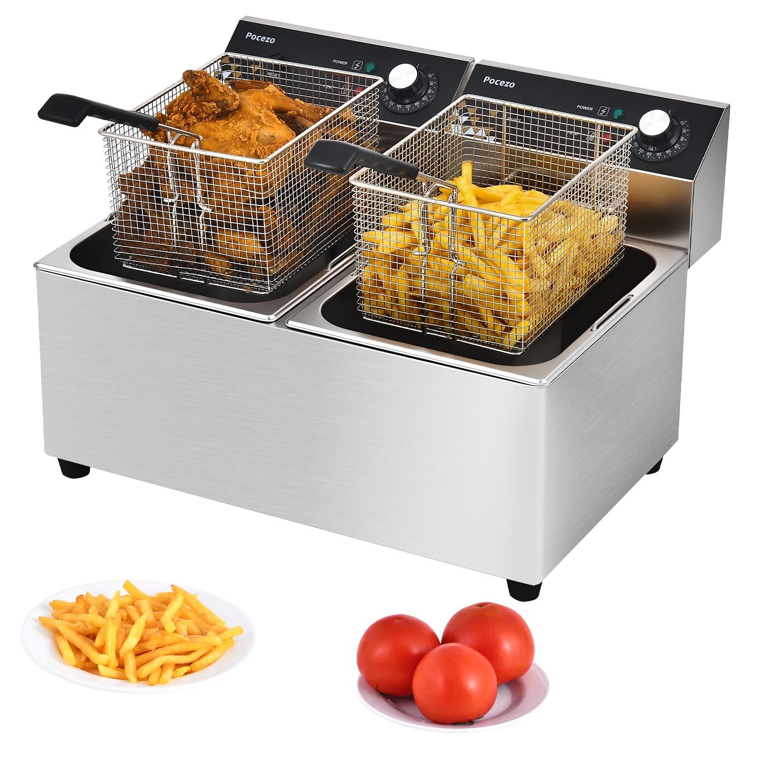 Deep Fryer with Basket, 3400w 14Qt Oil Tank/ 6.7Qt Basket x 2, 0.6mm Thickened Stainless Steel Countertop Electric Fryer for Home and Commercial Use, Oil Fryer with Double Overheat Protection