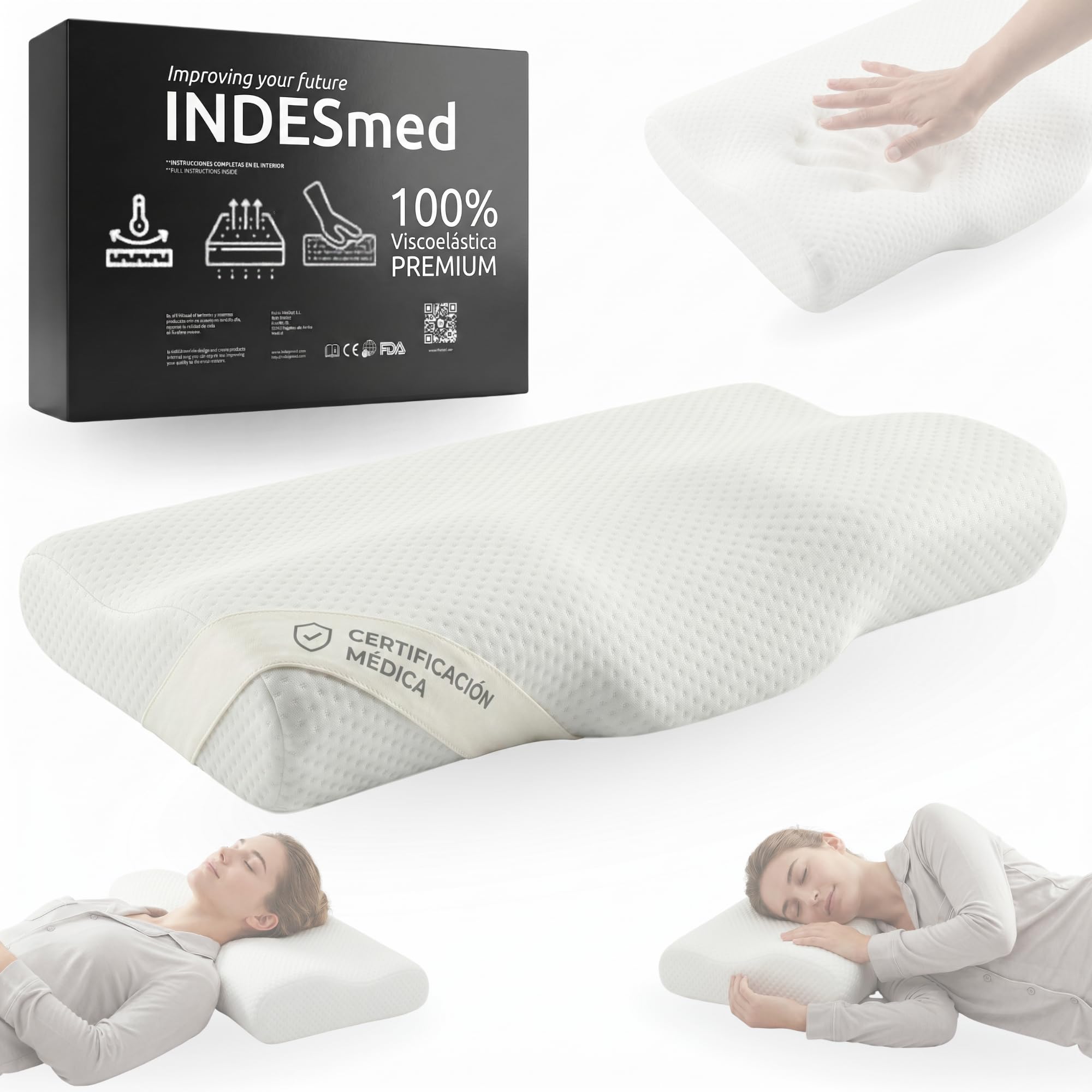 INDESMED Almohada Cervicales y Cuello Viscoelástica Ortopédica | Cojín Ergonómico para Dormir de Lado o Espalda | Soporte Cervical Nuca Firmeza Alta y Antiácaros para Cama | Memory Foam